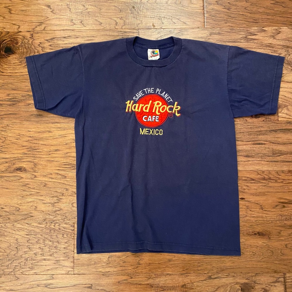 Hard Rock Cafe Graphic T-Shirt Men Medium Navy Blue Vintage Mexico Save Planet
